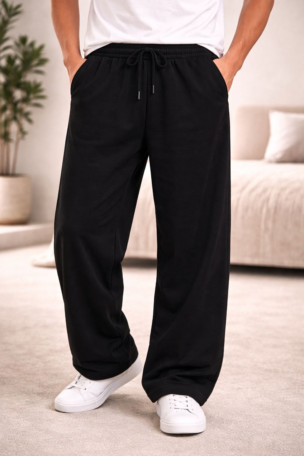Men’s Black Baggy Track Pants – Relaxed Wide Leg Fit