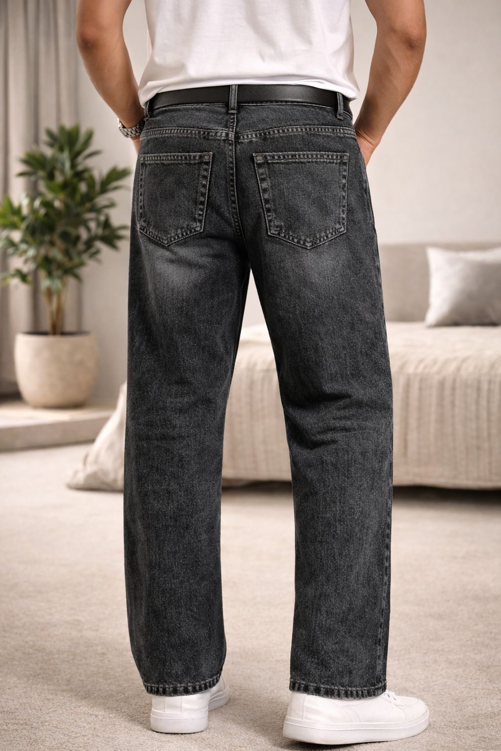 Men’s Black Washed Baggy Jeans – Wide Leg Relaxed Fit Denim - Image 3
